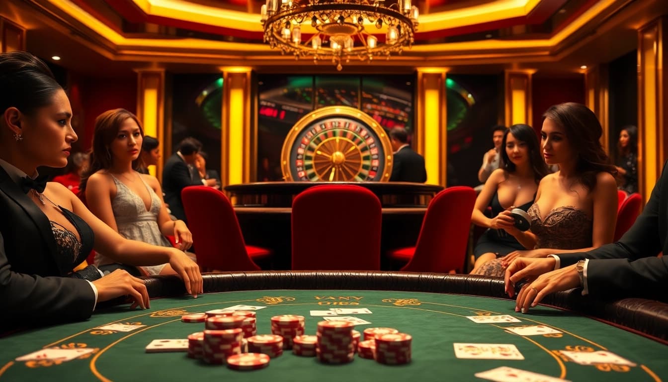Experience the thrill of winning at 69 VN with luxurious casino visuals showcasing poker and roulette.