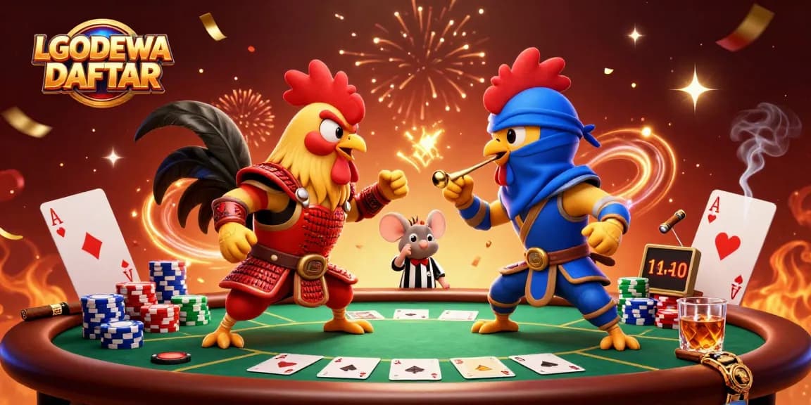Engage with LGODEWA DAFTAR in a thrilling cartoon challenge featuring fighting roosters in a poker showdown.