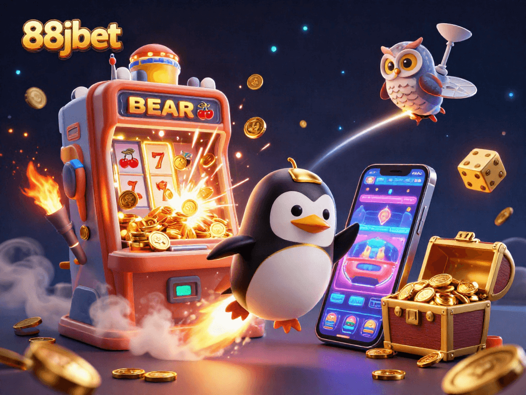 Experience thrilling 88jbet games with a golden penguin blasting into a cosmic casino adventure.