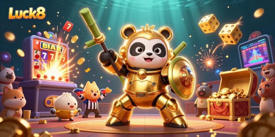 Luck8 brings excitement with a lively scene of a panda in a mech-suit piloting a robot amidst a jackpot explosion.