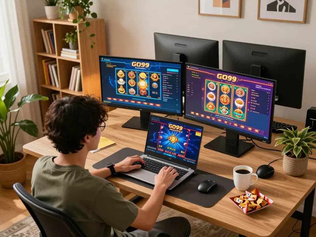 Engaging online gaming moment at home featuring GO99 on laptop, cozy atmosphere with snacks.