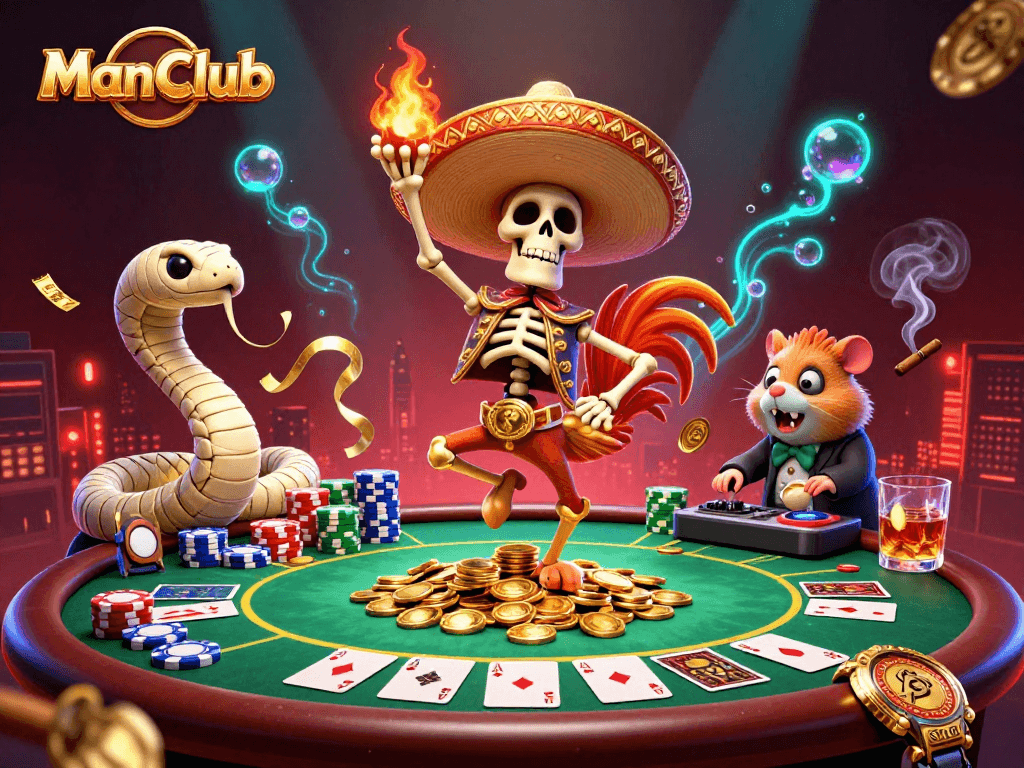 Experience the thrill of ManClub's vibrant casino scene with a dancing mariachi rooster and dynamic poker elements.