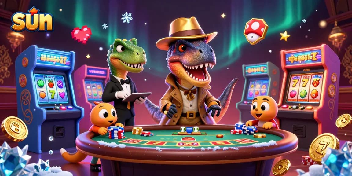 Sun illuminates a dynamic 3D casino scene with a velociraptor card counter, slot machines, and lively casino elements.