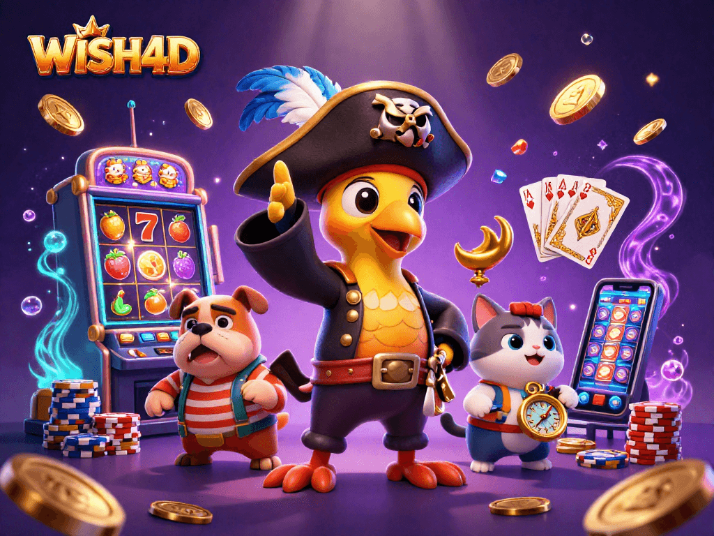 Experience the thrill of WISH4D with a vibrant pirate-themed slot game scene.