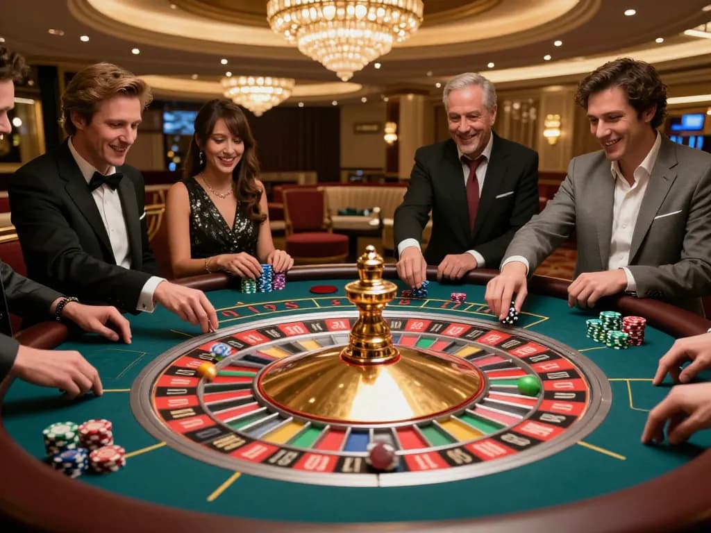 33winn players enjoying a lively roulette game in a luxurious casino setting.