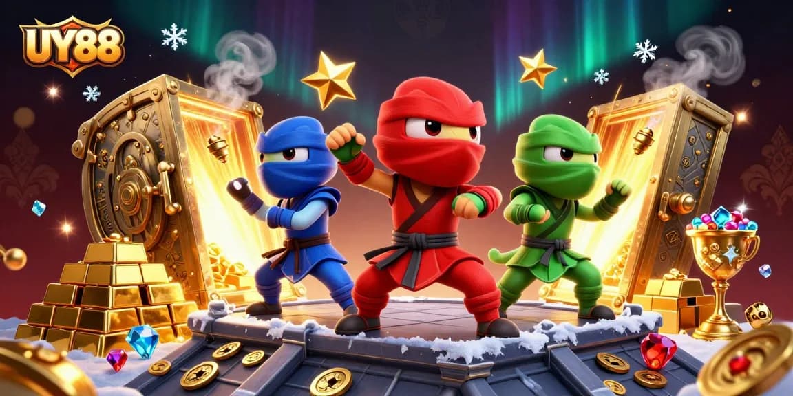 Experience the thrilling action of UY88 with dynamic ninja chameleons amid a treasure-filled casino scene.