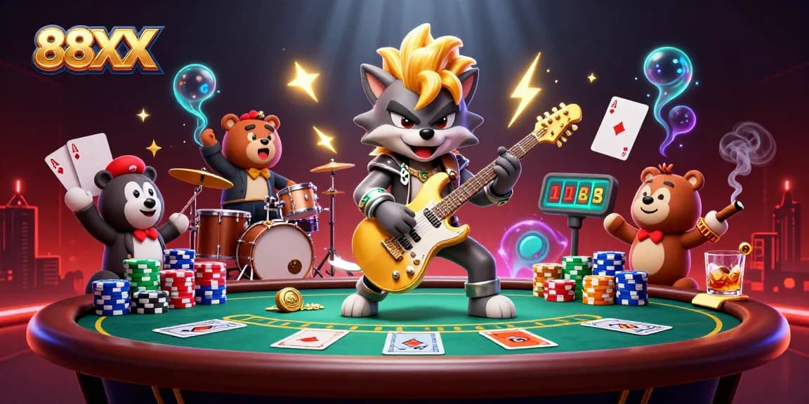 88XX showcases a lively gaming scene with a rock star wolf and bear drummer amid poker elements.