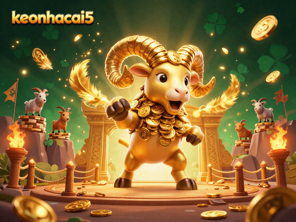 Experience the gold rush with keonhacai5's dynamic casino action featuring a golden ram brandishing riches.
