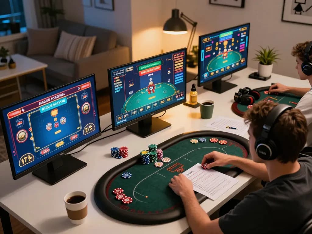 Engage in thrilling online gaming at 壹發娛樂 with vibrant poker and slots displayed on multiple screens.