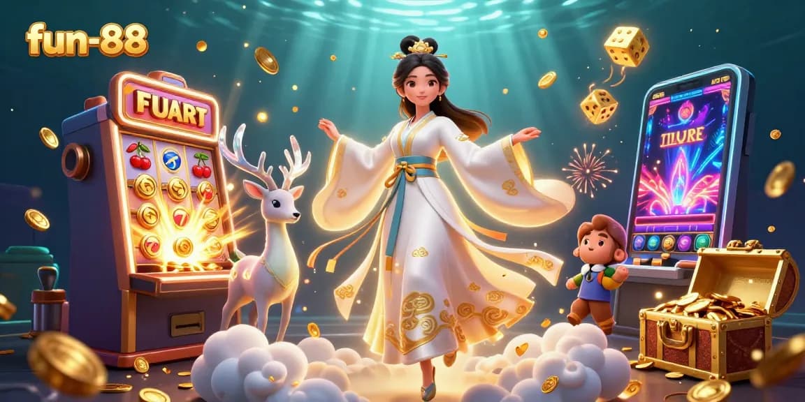 Experience fun-88 with a stunning Asian woman and celestial deer amidst a vibrant casino scene.