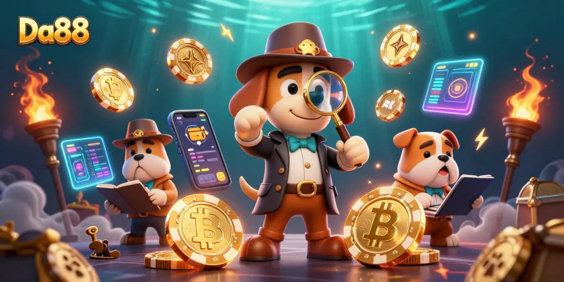 Engage with Da88's treasure hunt featuring a detective and bulldog amidst neon crypto elements.