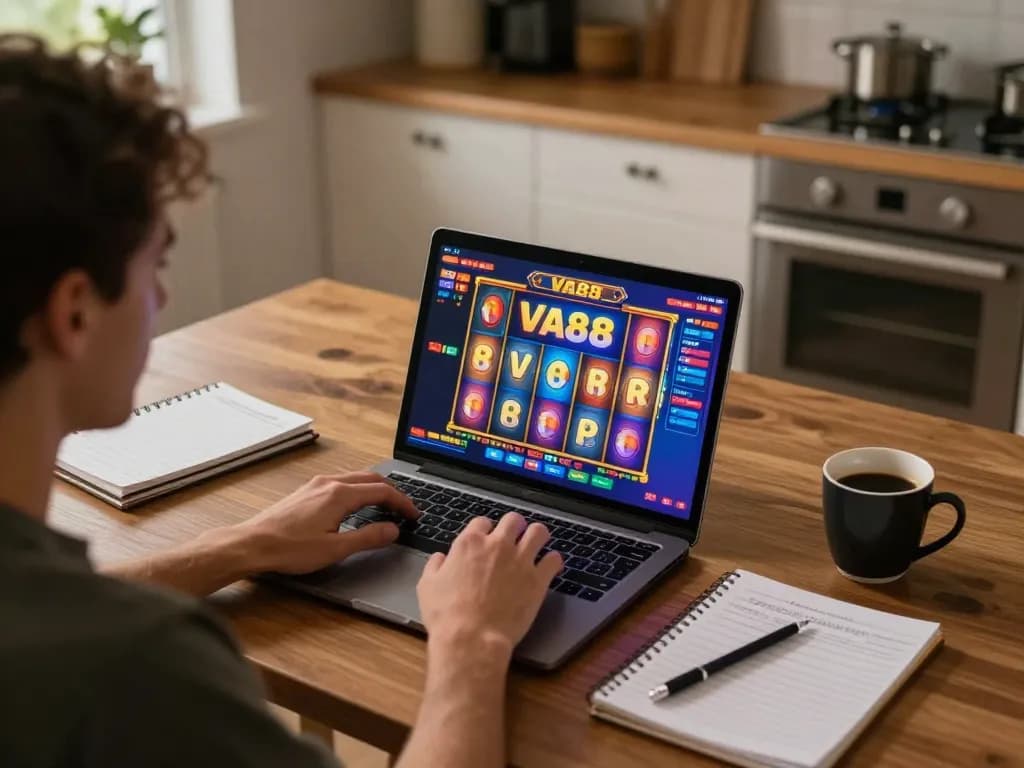 VA88 online slot game in action during home gaming session, player focused on laptop