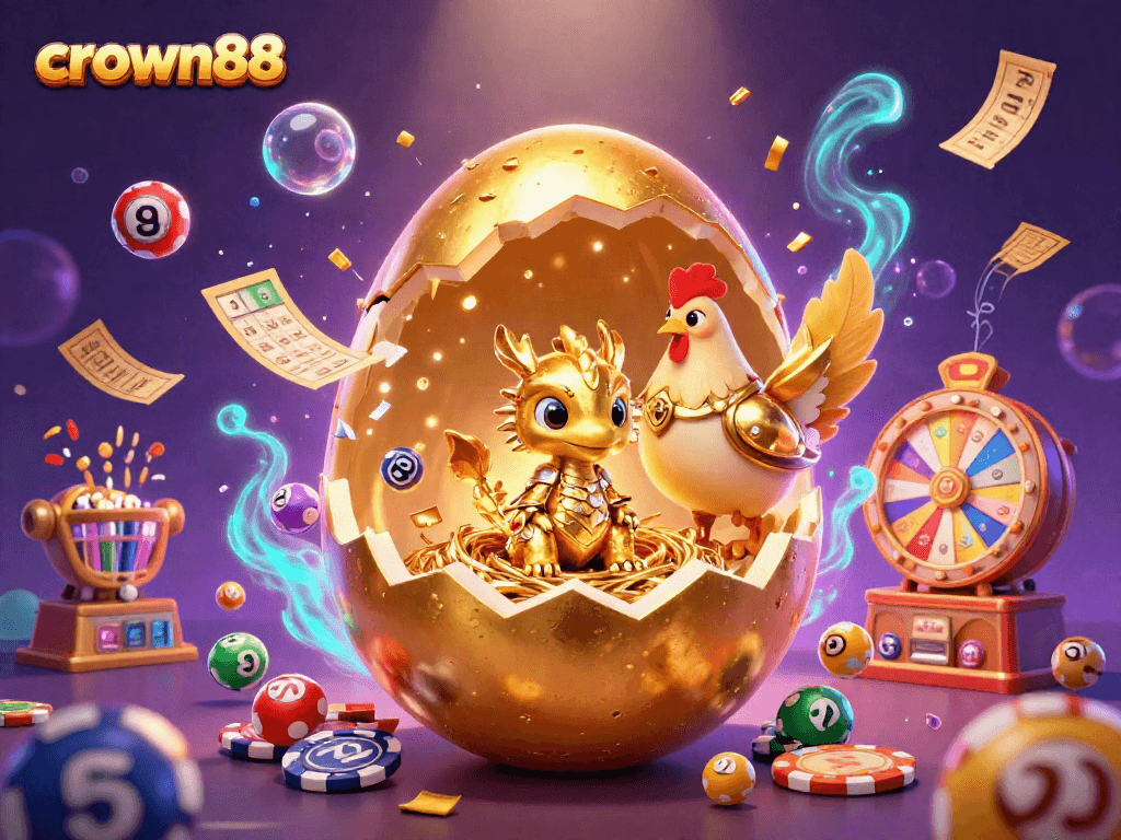Play and win at crown88's vibrant casino with a dazzling golden dragon surrounded by exciting gaming elements.