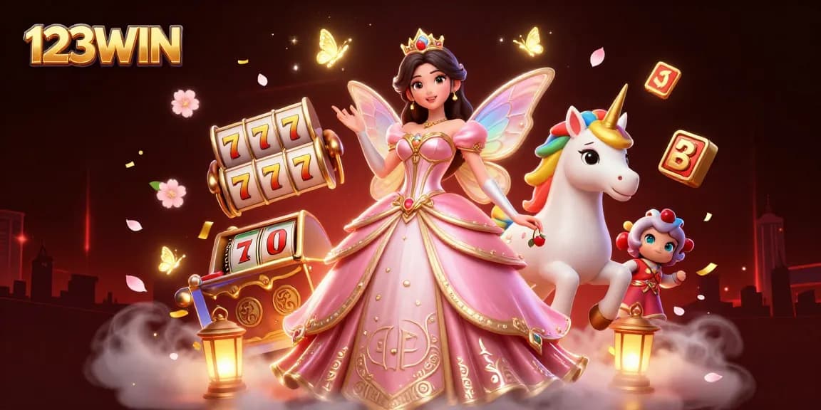 Experience the thrill at 123WIN with vibrant gaming elements in a stunning 3D illustration.