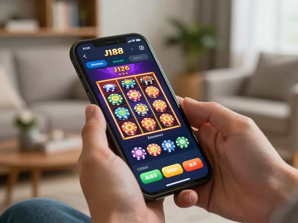 Player enjoying J188 casino app on smartphone, showcasing engaging slot game interface at home.
