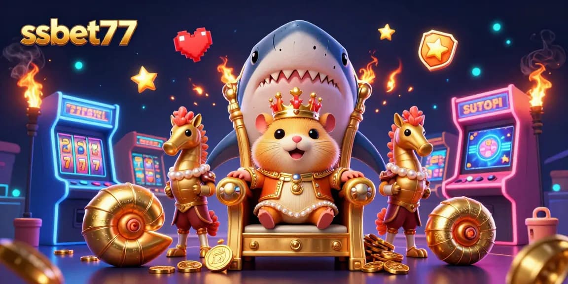 Experience thrilling gaming action with ssbet77, featuring a golden hamster king and vibrant slot machines.