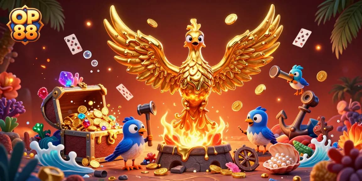 Gamblers enjoy the vibrant action at OP 88's online casino showcasing a golden phoenix with gold coins.