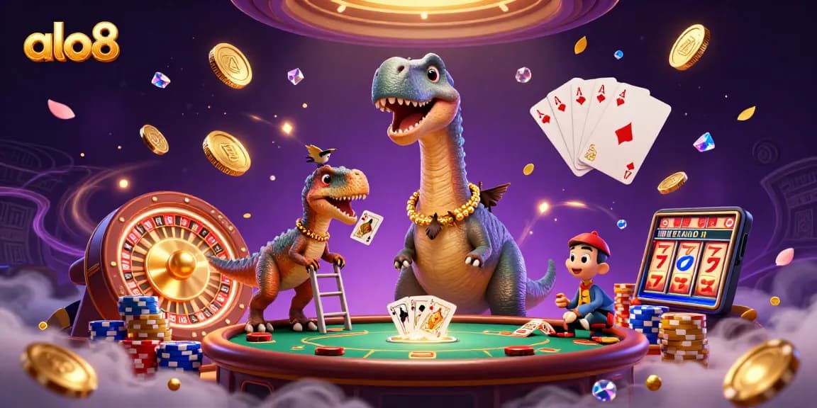 Experience excitement at alo8 with a whimsical casino scene filled with colorful characters and dynamic gaming elements.