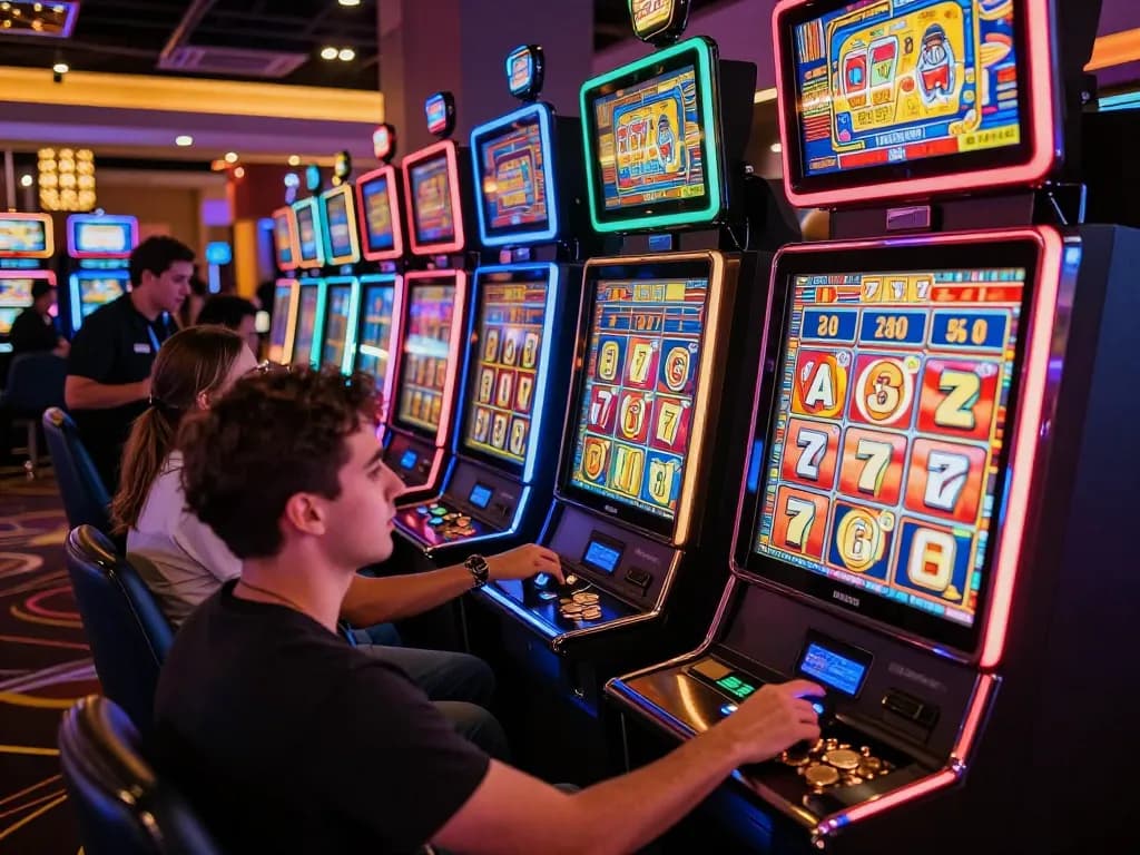 Players celebrating wins on slot 777 machines in a lively casino atmosphere.