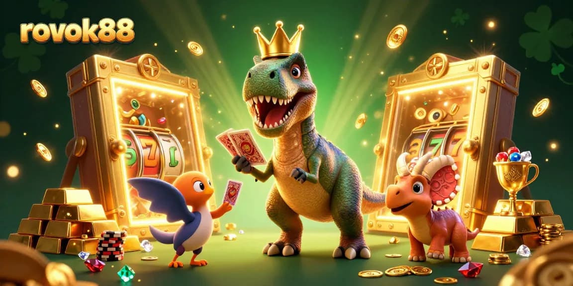 Experience rokok88's thrilling gaming scene with playful dinosaurs and sparkling casino treasures.
