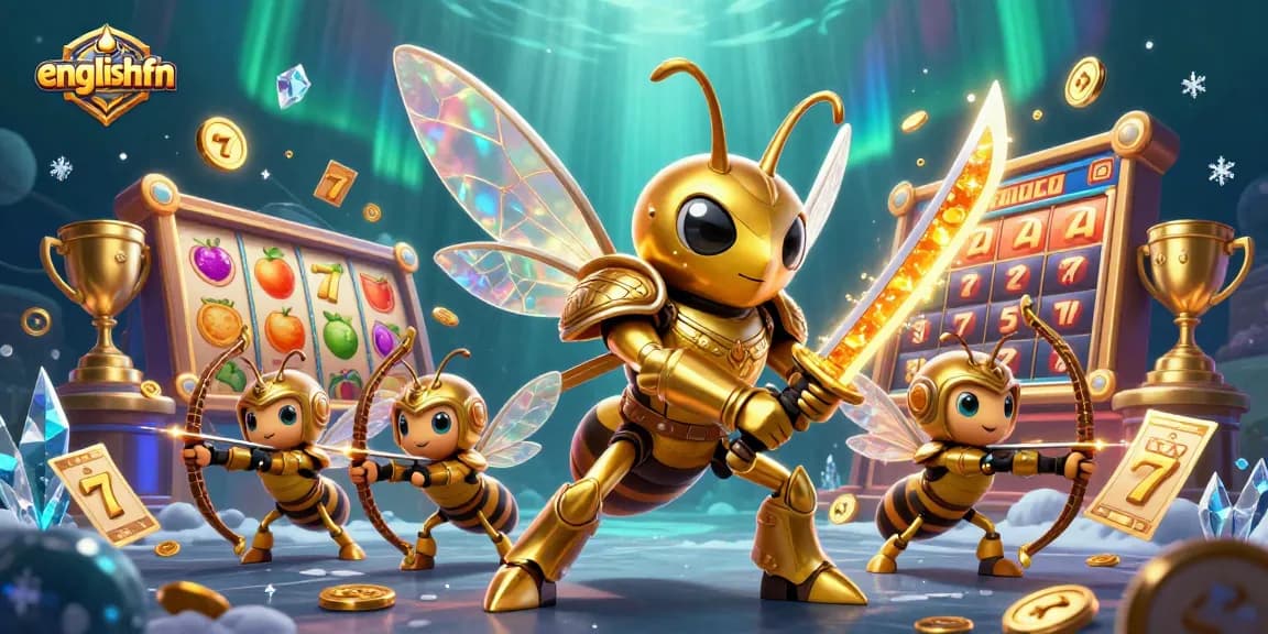 Spin to win at englishfn with an engaging slot game scene featuring golden characters and dynamic elements.