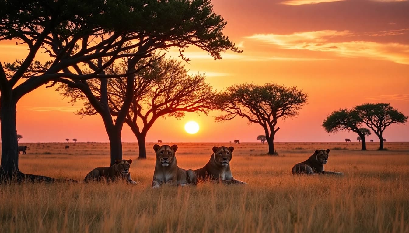 Experience breathtaking Tanzania safaris with majestic lions resting under acacia trees at sunset.