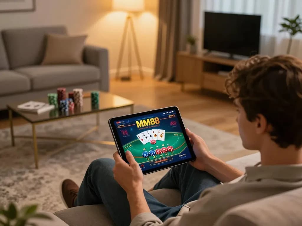 Player enjoying MM88 mobile casino app on tablet during online gaming session at home.