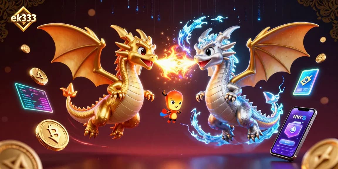 Experience thrilling action with ek333 as golden and silver dragons clash in a vibrant casino landscape.