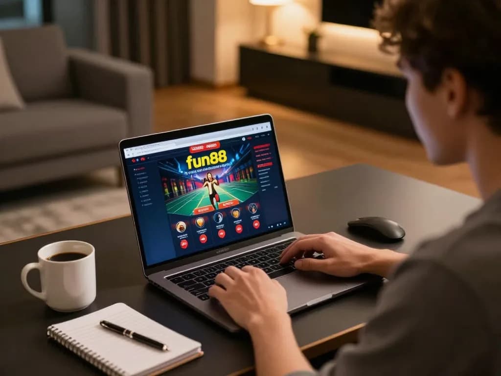 Fun88 user engaging in online casino gaming with laptop and strategy notebook in a cozy setting.
