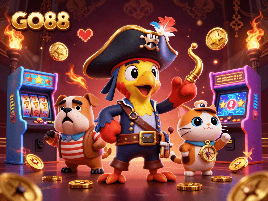 Engage in thrilling gameplay at GO88 with a vibrant scene featuring a pirate captain, dog, and cat amidst casino games.