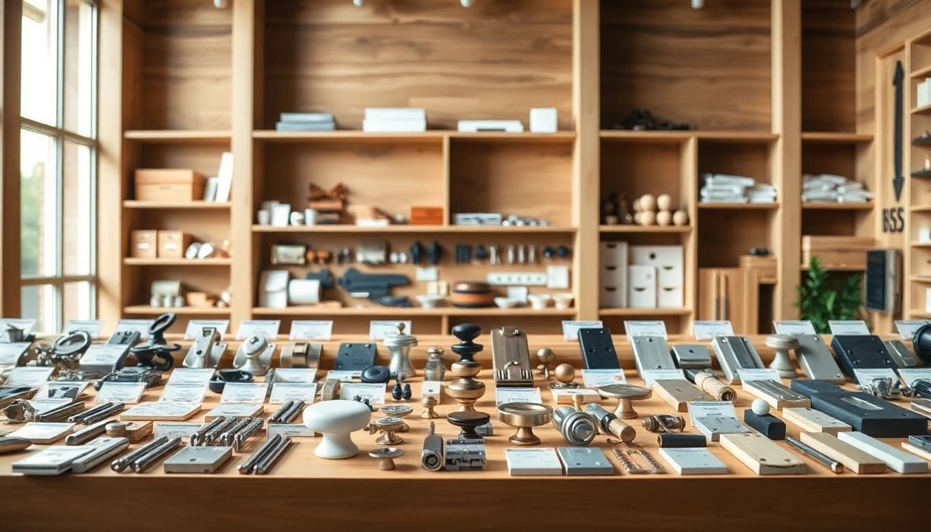 View of assorted hardware from a furniture hardware supplier featuring smooth finishes and quality craftsmanship.