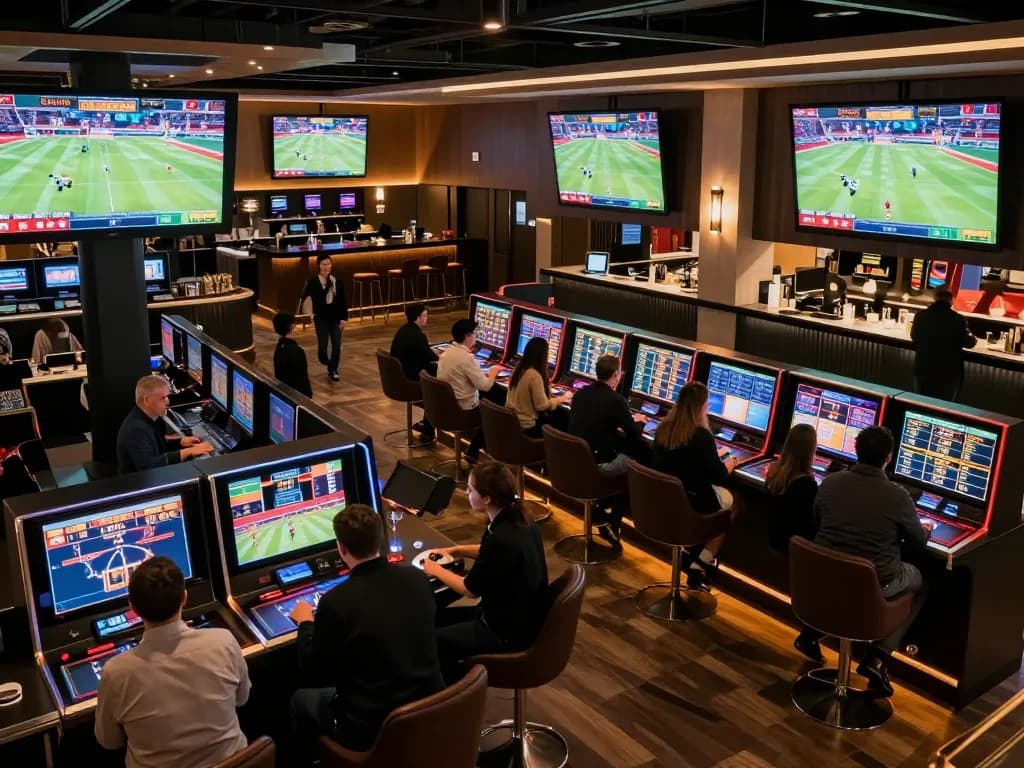 Dynamic sports betting scene showcasing tylekeo figures on screens with excited patrons engaged in bets.