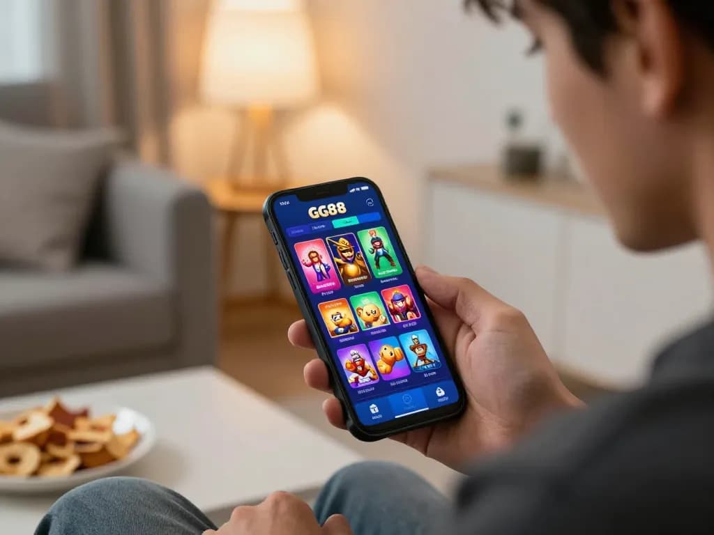 Player engaging with GG88 online betting app in cozy home setting, focusing on strategic gameplay