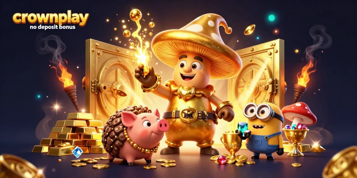 Experience the crownplay no deposit bonus with vibrant characters and golden treasures in an enchanting casino scene.