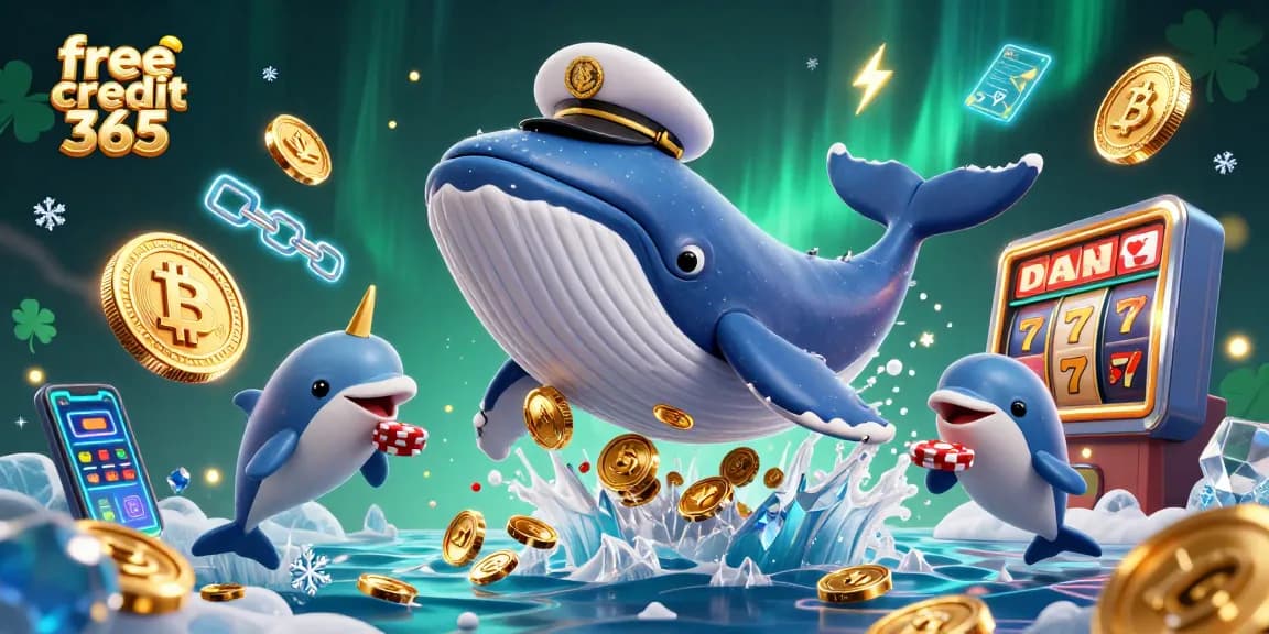 Play with free credit 365 bonuses in an animated casino-themed ocean scene featuring a friendly whale.
