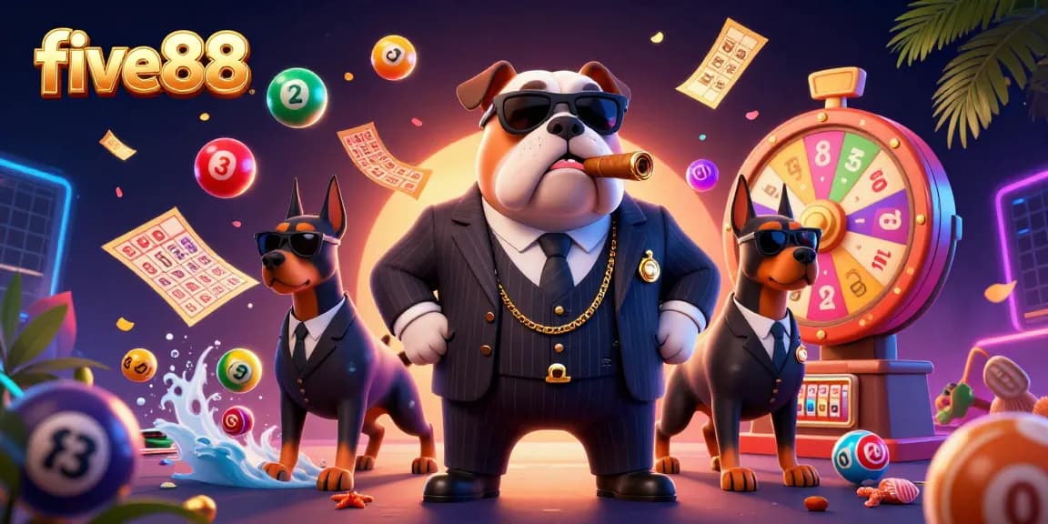 Experience exciting wins with five88 in a vibrant casino scene featuring animated characters and gambling elements.