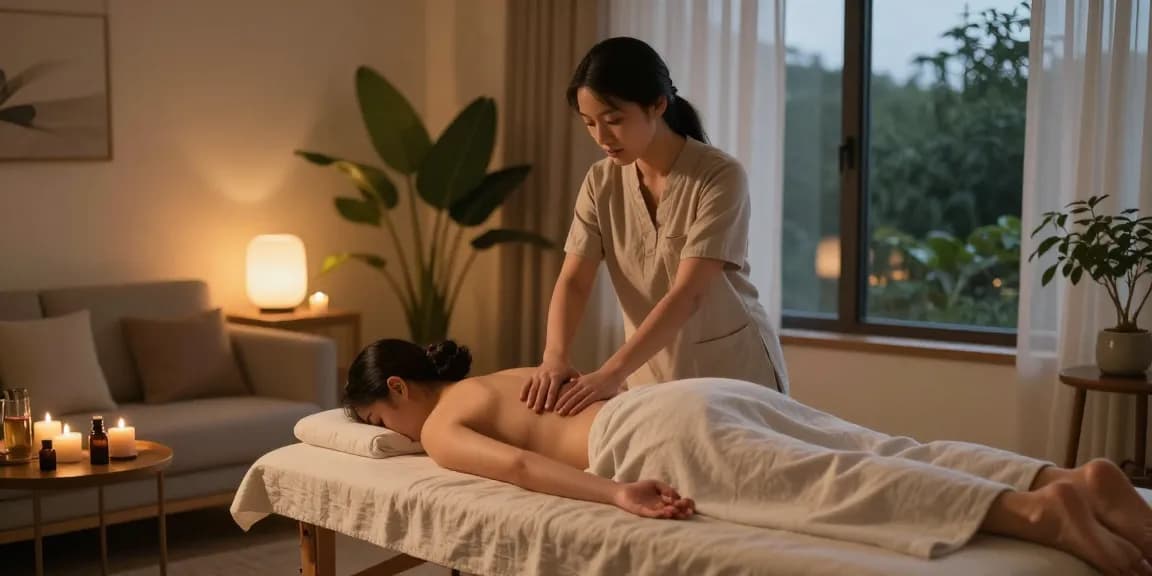 Experience healing 출장마사지 in a calming home spa environment, with warm lighting and soothing ambiance.