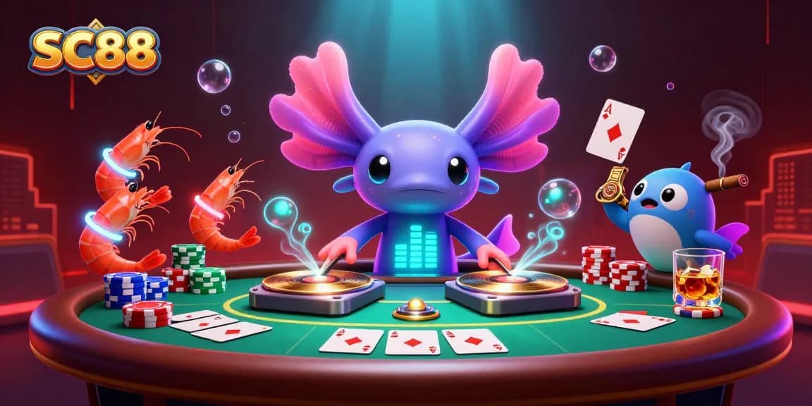 Experience SC88 gaming with engaging cartoon characters on a vibrant poker-themed illustration.