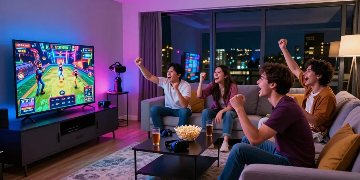 LUCK8 gaming platform scene with friends enjoying online casino entertainment in a vibrant living room.