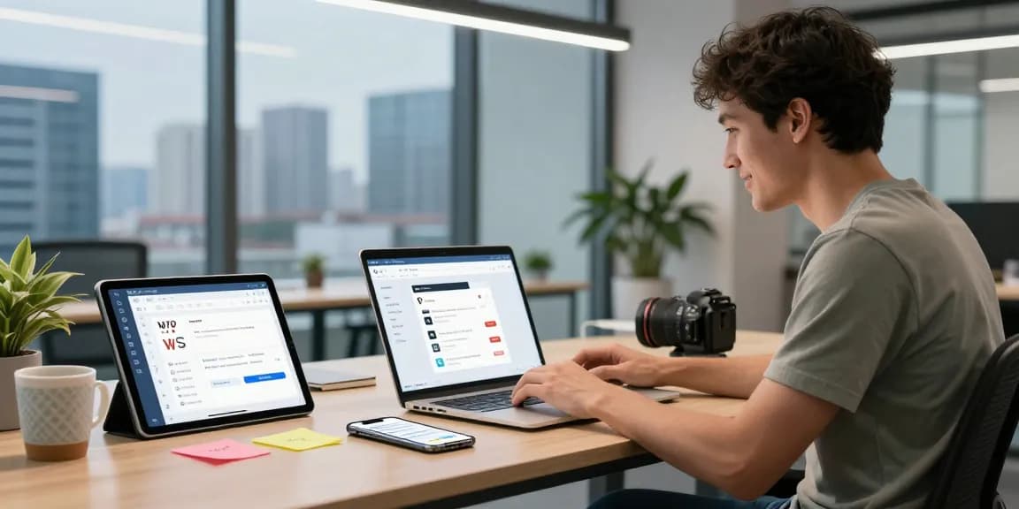 Download WPS Office in a modern workspace with a user on laptop, tablet, and smartphone.