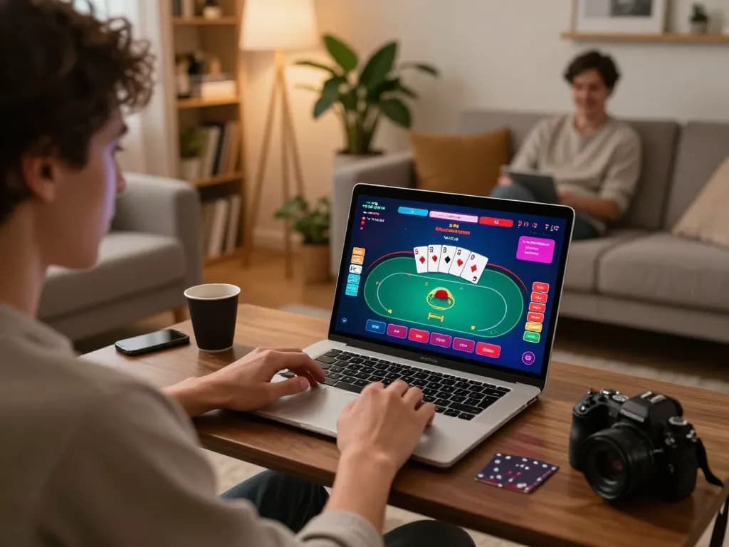 Engaging online gaming scene at home with kp88220 interface, showcasing poker excitement and comfort