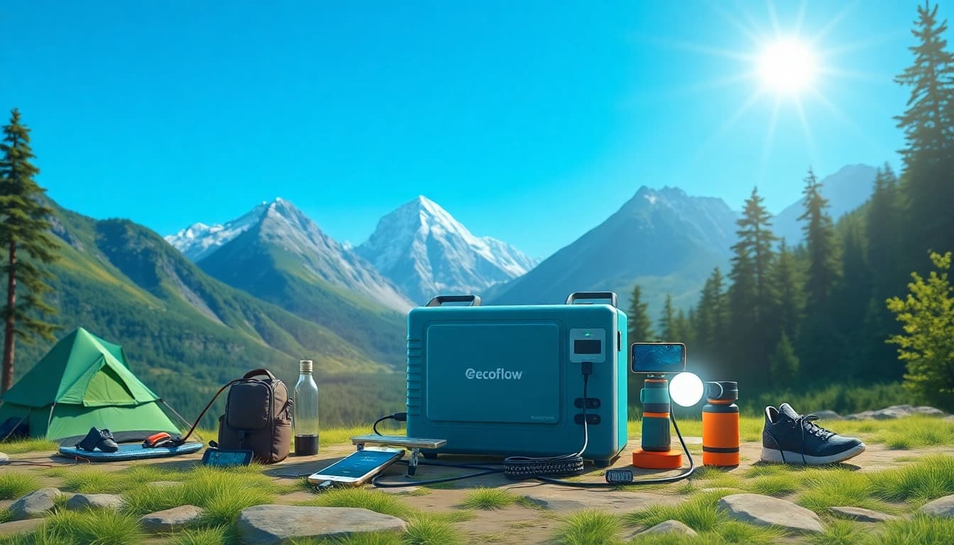EcoFlow power station charging devices amidst a vibrant outdoor landscape.