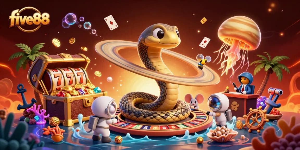 Experience thrilling gameplay with five88's detailed 3D casino scene featuring unique characters and dynamic elements.