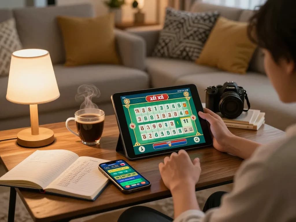 Engaging gameplay on app tài xỉu displayed on tablet, showcasing strategic betting in a cozy home environment.