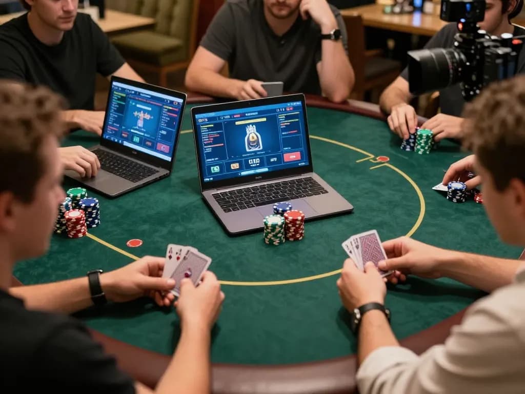 Active online poker scene capturing players enjoying the cổng game HITCLUB with cards and chips on display.