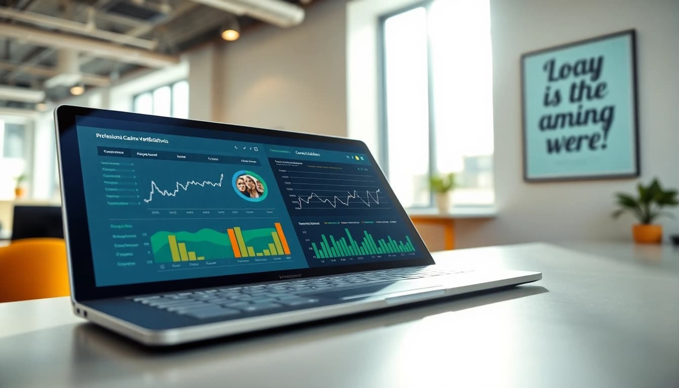 Utilizing Casino Verification Tools effectively in a modern office setting with dynamic data visualizations.