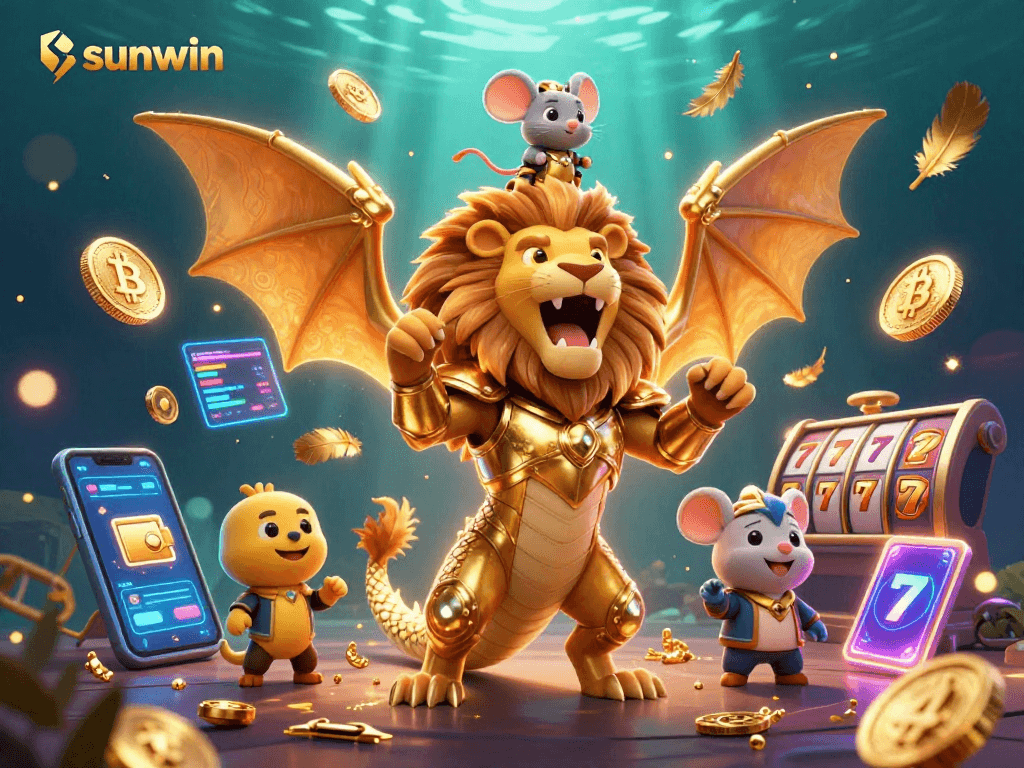 Sunwin showcases a vibrant 3D cartoon casino scene with a chimera creature amidst slot elements.