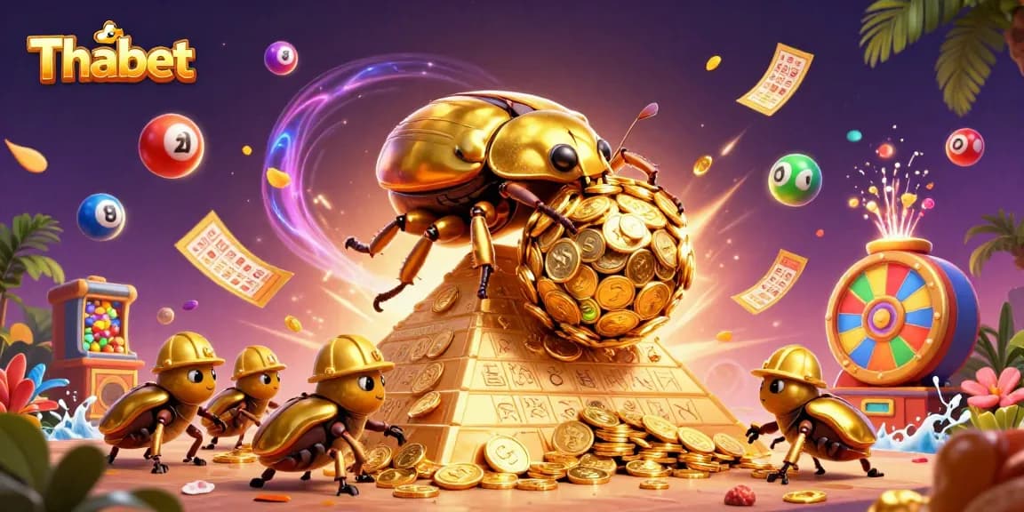 Thabet showcases a golden beetle rolling coins, embodying casino excitement and dynamic lottery elements.