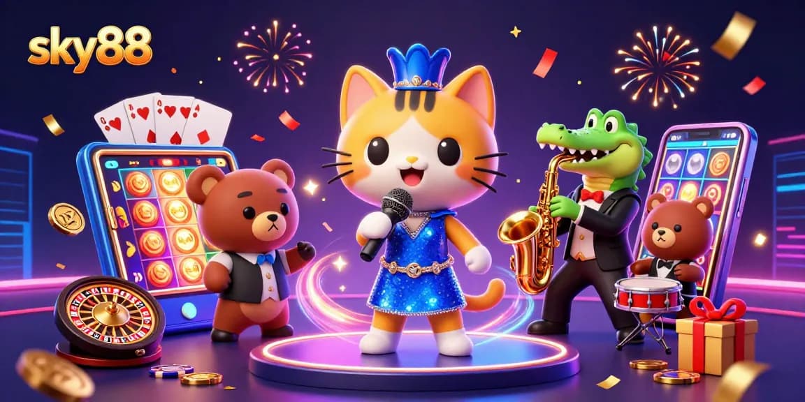 Play thrilling games at sky88 with a lively cartoon jazz singer and friends on stage.