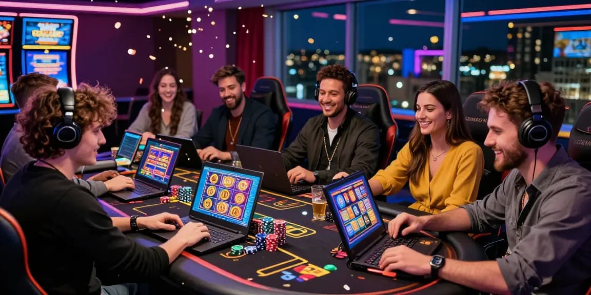 British players exploring non UK casinos at a lively gaming table, celebrating with colorful decor and engaging screens on https://sssk.org.uk.